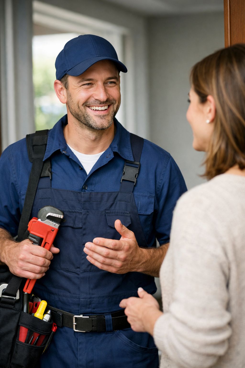 Plumber explaining service to customer